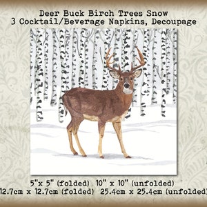 3 Winter Snow Deer Buck Birch Trees 5" Cocktail Beverage Napkins Decoupage Tissue