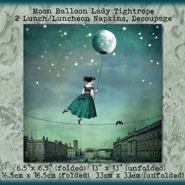 2 Moon Lady Balloon Luncheon Decoupage Napkin Surreal Dream Collage Mixed Media