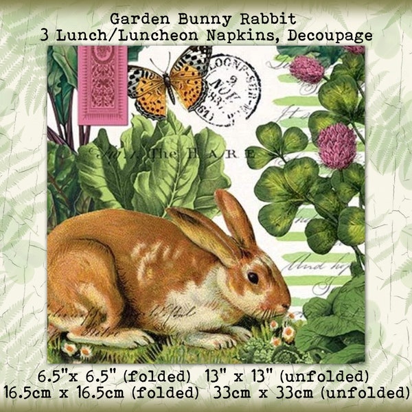 3 Bunny Rabbit Garden Clover Butterfly Postage 6.5" Lunch Luncheon Napkins Decoupage Scrapbook Collage Mixed Media Tissue