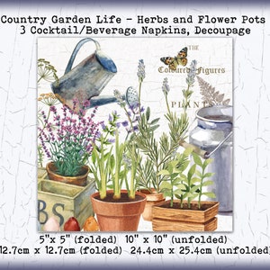 May include: Three decoupage napkins featuring a watercolor illustration of a country garden scene with herbs, flowers, and gardening tools. The napkins are 5 inches by 5 inches when folded and 10 inches by 10 inches when unfolded.