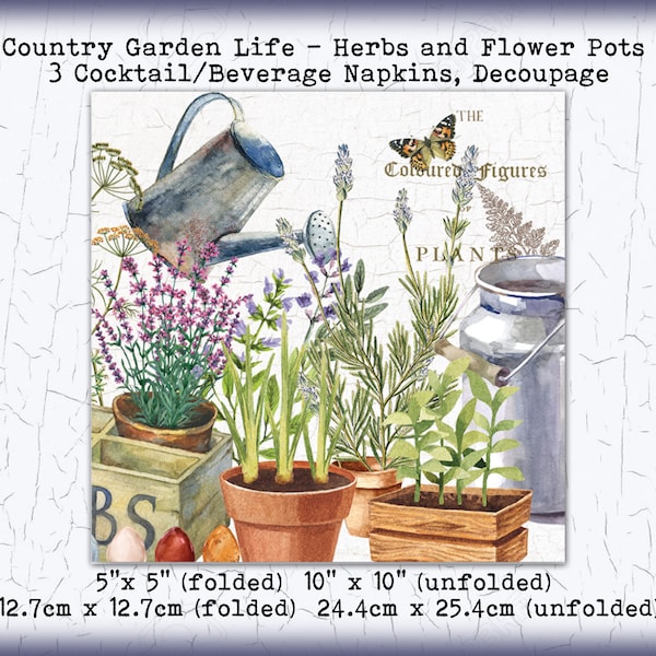 3 Country Garden Life Flower Pots Watering Can Milkcan 5" Cocktail Beverage  Napkins - Collage Decoupage Scrapbook Mixed Media Tissue