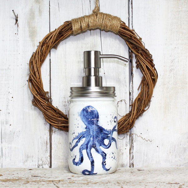 Blue White Octopus Nautical Ocean Deep Sea Mason Jar Soap Lotion Dispenser with Stainless or Foaming Pump