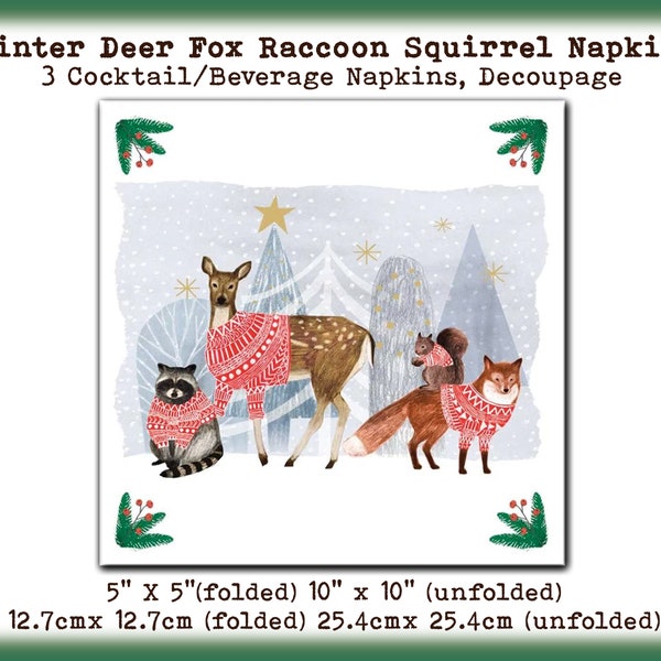 3 Winter Woodland Animals Snow Deer Raccoon Fox Squirrel Cocktail Beverage Napkins - Collage Decoupage Scrapbook Mixed Media Tissue