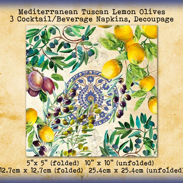 3 Lemon Olive Mediterranean Tuscan Tuscany 5" Cocktail Beverage Napkins Decoupage Collage Tissue