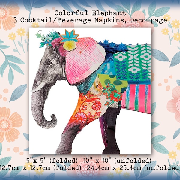 3 Colorful Circus or Festive Elephant Exotic 5" Cocktail Beverage Napkins - Collage Decoupage Scrapbook Tissue