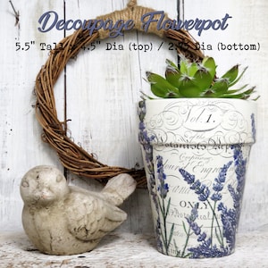 French Script Lavender Herb Herbal Flower Floral Decoupage Terracotta Terra Cotta Flowerpot Flower Pot Planter Herb Houseplant