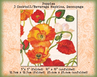 3 Poppies Poppy Red Orange White Coral Flowers Floral 5" Cocktail Beverage Napkins Decoupage Collage Mixed Media Tissue