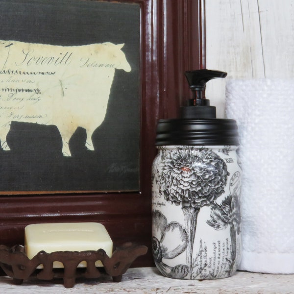 Vintage Botanical Black White Toile Farmhouse Floral Flowers Mason Jar Soap Lotion Dispenser with Black, Stainless, Foaming Foamer Pump