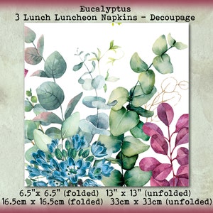 3 Eucalyptus Herbal Green Purple Watercolor 6.5&quot; Lunch Luncheon Napkins Decoupage Collage Tissue