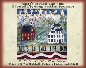 3 Primitive Americana Country Rustic Saltbox Sheep Willow Flag There's No Place Like Home 5" Cocktail Beverage Napkins Decoupage Tissue