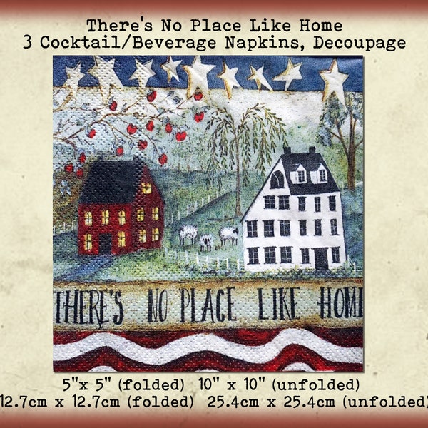 3 Primitive Americana Country Rustic Saltbox Sheep Willow Flag There's No Place Like Home 5" Cocktail Beverage Napkins Decoupage Tissue