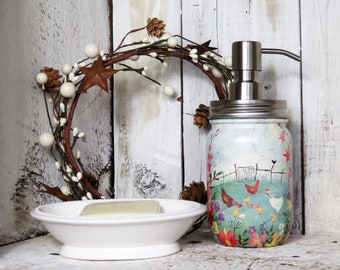 Chickens Hens Baby Chicks Farmyard Backyard Chicken Handmade Decoupage Mason Jar Soap Lotion Dispenser Regular or Foaming Foamer Pump