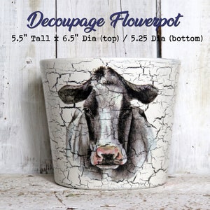 Large Vintage Crackled Dairy Cow Farm Grazing Head Rustic Terra Cotta Flowerpot Flower Pot Pots Flowers Herb Houseplants Planter Decoupage