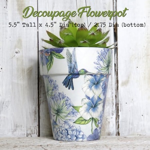 Tall Blue Green Hummingbird Hibiscus Hydrangea Cleome Decoupage Terracotta Terra Cotta Flowerpot Flower Pot Planter Herb Houseplant