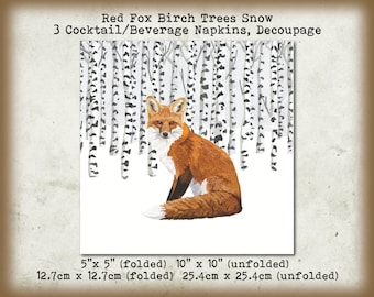 3 Red Fox Winter Snow Birch Trees 5" Cocktail Beverage Napkins Decoupage Tissue
