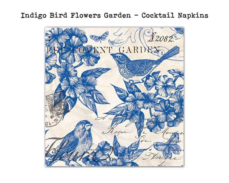 3 Indigo Blue and White Toile Bird Birds Botanical Flower Floral French 5 Cocktail Beverage Napkins Collage Decoupage Scrapbook Tissue