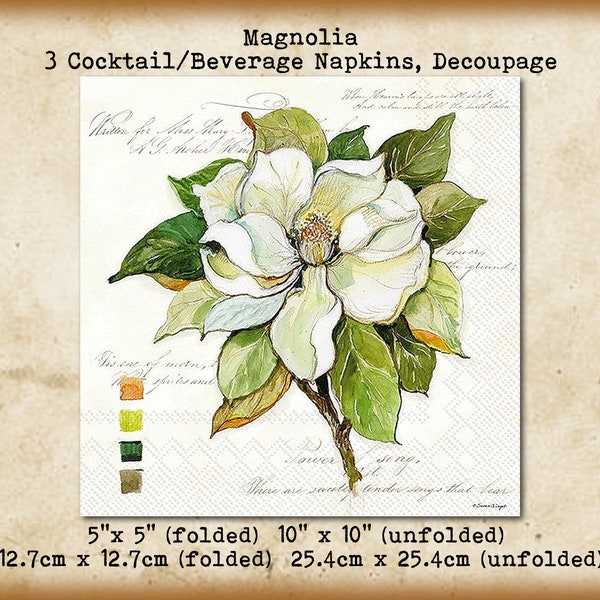 3 Magnolia Botanical Blossom Flower Flowers Floral  5" Cocktail Beverage Napkins Decoupage Tissue