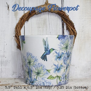 Blue Green Hibiscus Hummingbird Decoupage Terra Cotta Flowerpot Flower Pot Pots Flowers Herb Houseplants Planter