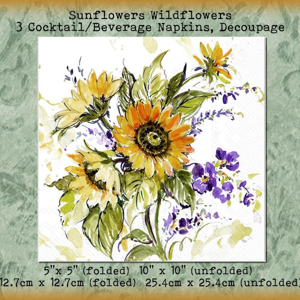 3 Sunflower Sunflowers Wildflowers Purple Flowers Floral 5" Cocktail Beverage Napkins Decoupage Tissue