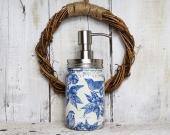 Square Vintage Blue and White Toile Bird Butterfly Dragonfly China Pattern Mason Jar Soap Lotion Dispenser with Stainless Pump