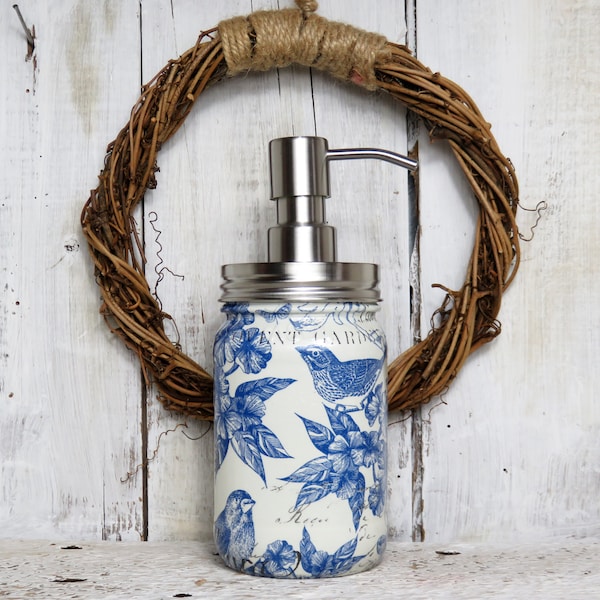 Square Vintage Blue and White Toile Bird Butterfly Dragonfly China Pattern Mason Jar Soap Lotion Dispenser with Stainless Pump