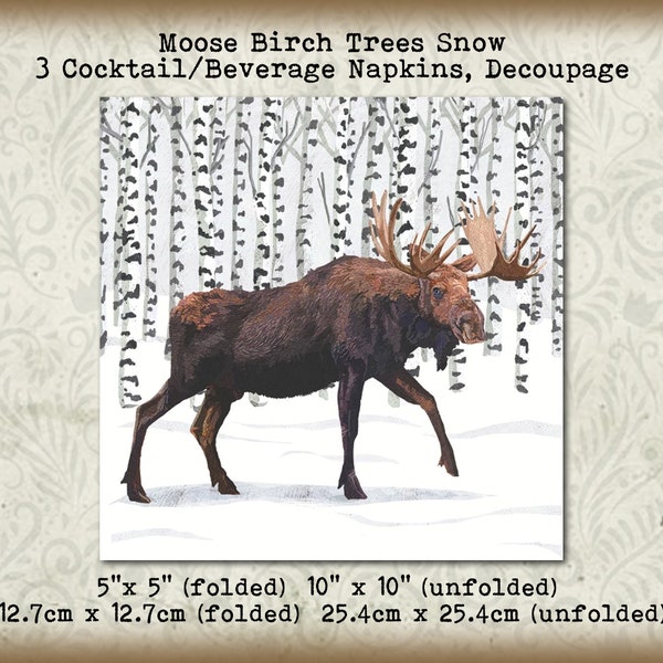 3 Winter Snow Moose Birch Trees 5" Cocktail Beverage Napkins Decoupage Tissue