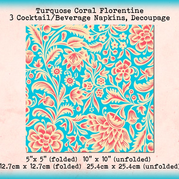 3 Turquoise Coral Orange Aqua Florentine Damask Pattern 5" Cocktail Beverage Napkins Decoupage Tissue