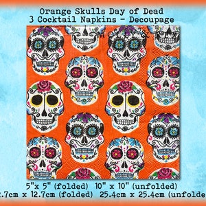 3 Skulls Day of the Dead All Souls Day Halloween Orange Skeleton 5&quot; Cocktail Beverage Napkins Decoupage Scrapbook Collage Mixed Media Tissue