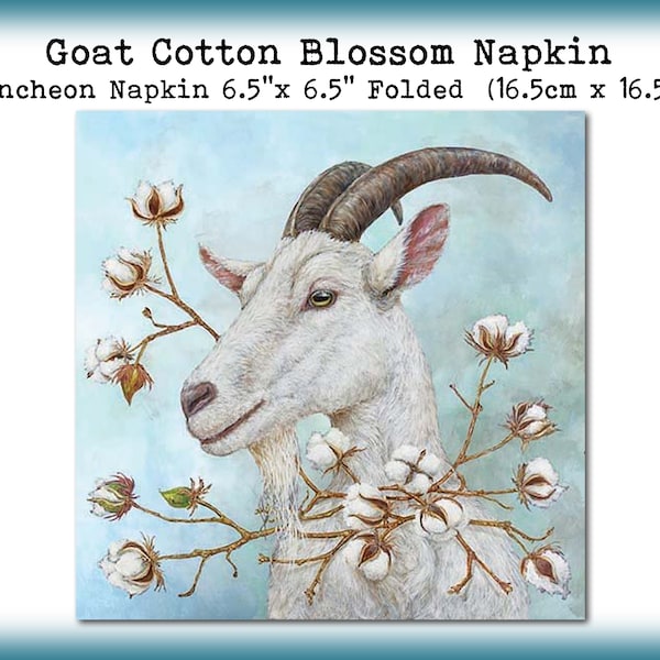 3 Goat Ram Cotton Ball Blossom 6.5" Luncheon Lunch Napkins Decoupage Scrapbook Collage Mixed Media Tissue