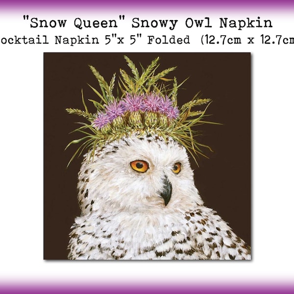 3 "Snow Queen" Snowy Owl 5" Cocktail Beverage Napkins Decoupage Scrapbook Collage Mixed Media Tissue