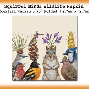 3  Squirrel Birds Oriole Finch Dove Blue Jay 5&quot; Cocktail Beverage Napkins Decoupage Scrapbook Collage Mixed Media Tissue