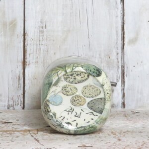 May include: A clear glass jar with a white and green patterned design. The pattern features a variety of bird eggs and leaves.
