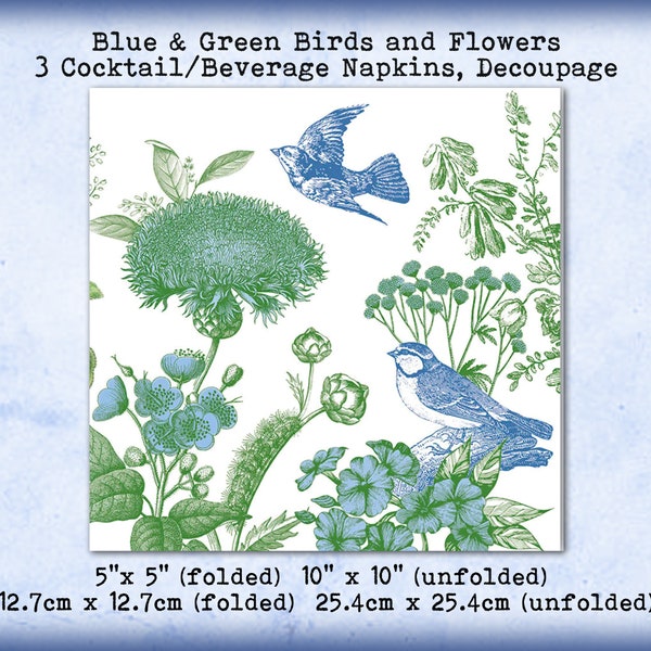 3 Blue & Green Birds and Flowers Floral Spring Summer Cocktail Beverage 5" Napkins - Collage Decoupage Scrapbook Mixed Media Tissue