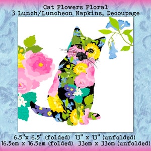 3 Floral Cat Kitty Flowers Flower Roses Multcolored 6.5&quot; Lunch Luncheon Napkins Decoupage Scrapbook Collage Tissue
