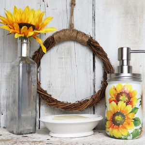 Watercolor Yellow Sunflowers Mason Jar Handmade Soap Lotion Dispenser Stainless and Foaming Pump