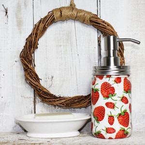 Red Strawberries Strawberry Berries Country Handmade Decoupage Mason Jar Soap Lotion Dispenser Stainless or Foaming Pump