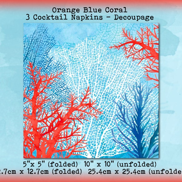 3 Orange Blue Fan Coral Reef Deep Sea Ocean Seashore 5" Cocktail Beverage Napkins Decoupage Tissue