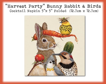 3 Bunny Rabbit Carrot With Birds Wren Titmouse Flicker 5" Cocktail Beverage Napkins Decoupage Scrapbook Collage Mixed Media Tissue
