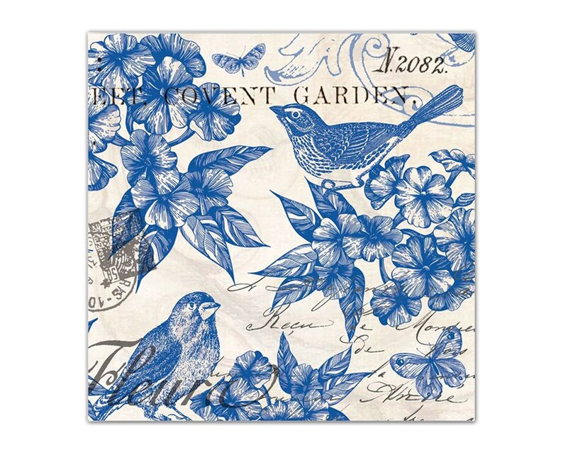 3 Indigo Blue and White Toile Bird Birds Botanical Flower Floral French 5 Cocktail Beverage Napkins Collage Decoupage Scrapbook Tissue