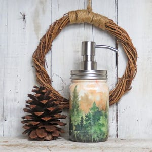 Rustic Pine Trees Evergreens Forest Woodland Mason Jar Soap Lotion Dispenser with Stainless or Foaming Pump