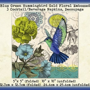 3 Cobalt Blue Emerald Green Hummingbird Teal Gold Blue Floral Embossed 5&quot; Cocktail Beverage Napkins Decoupage Collage Mixed Media Tissue