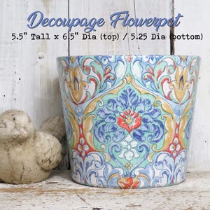 Large Vintage Rustic Moroccan Mexican Tile Watercolor Terracotta Terra Cotta Flowerpot Flower Pot Pots Flowers Houseplants Planter Decoupage