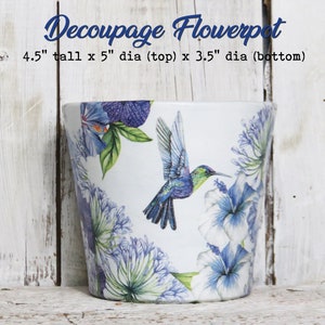 Medium Blue Green Hummingbird Hibiscus Hydrangea Cleome Decoupage Terracotta Terra Cotta Flowerpot Flower Pot Planter Herb Houseplant