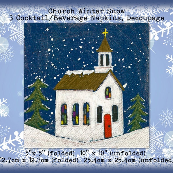 3 Primitive Church Winter Snow Holiday Cocktail Beverage Napkins - Collage Decoupage Scrapbook Mixed Media Tissue