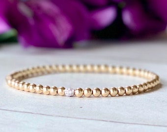 Gold Bead Diamond Ball Bracelet, Diamond Beaded Bracelet, Tiny Gold Bead Bracelet, Diamond Bead Bracelet, Gold Beaded Bracelet, 14K Gift
