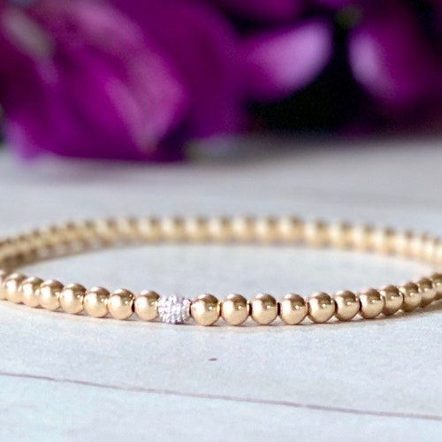 14k Gold Beaded Bracelet With Diamond Charm Gold Bead Etsy