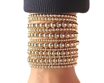 14k Gold Filled Bead Bracelet, Gold Bead Bracelet Set, Gold Beaded Bracelet Stack, Stackable Bracelets, Women's Gold Bracelet Stack,