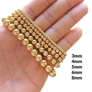 Gold Beaded Ball Bracelet, Shiny Round Metal Bracelet, 14K Yellow Gold Plated Bead Bracelet, Stretch Fit Bracelet, 3mm, 4mm, 5mm, 6mm, 8mm