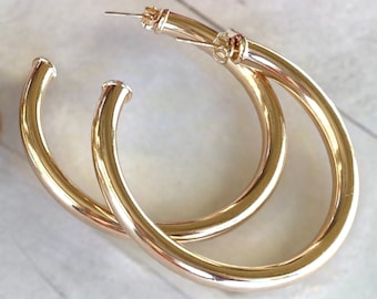 Gold Tube Earrings, Gold Tube Hoops, Gold Hollow Tube Hoops, Gold Hoops, Gold Thick Hoops, Gold Chunky Hoops, Hollow, Lightweight, Statement