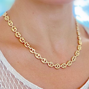 Puffed Mariner Chain, Gold Mariner Necklace. 8mm Chunky Mariner Link Chain for Women and Men, Elegant Gold Jewelry Gift, Custom 6.5” - 24”